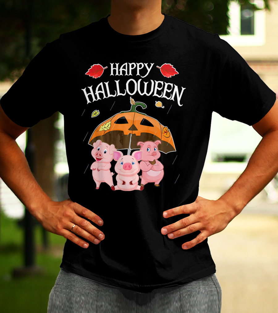 Happy Halloween Pigs Under Jack-o'-Lantern Umbrella T-Shirt