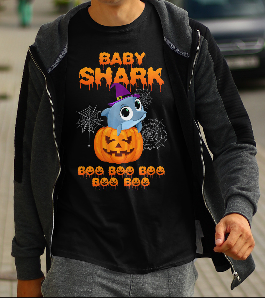 Baby Shark Halloween Boo Boo Boo Pumpkin Witch Hat Spider Webs T-Shirt