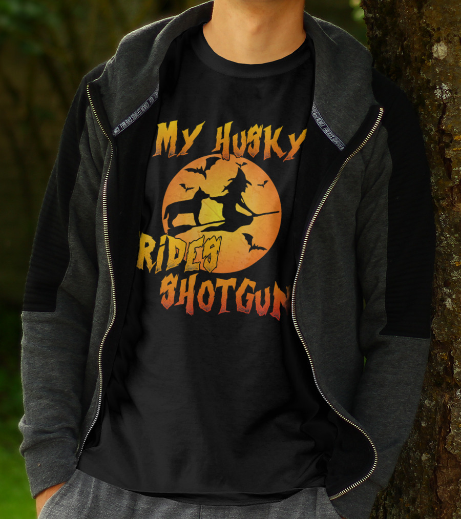 My Husky Rides Shotgun Halloween Witch Moon Bats T-Shirt