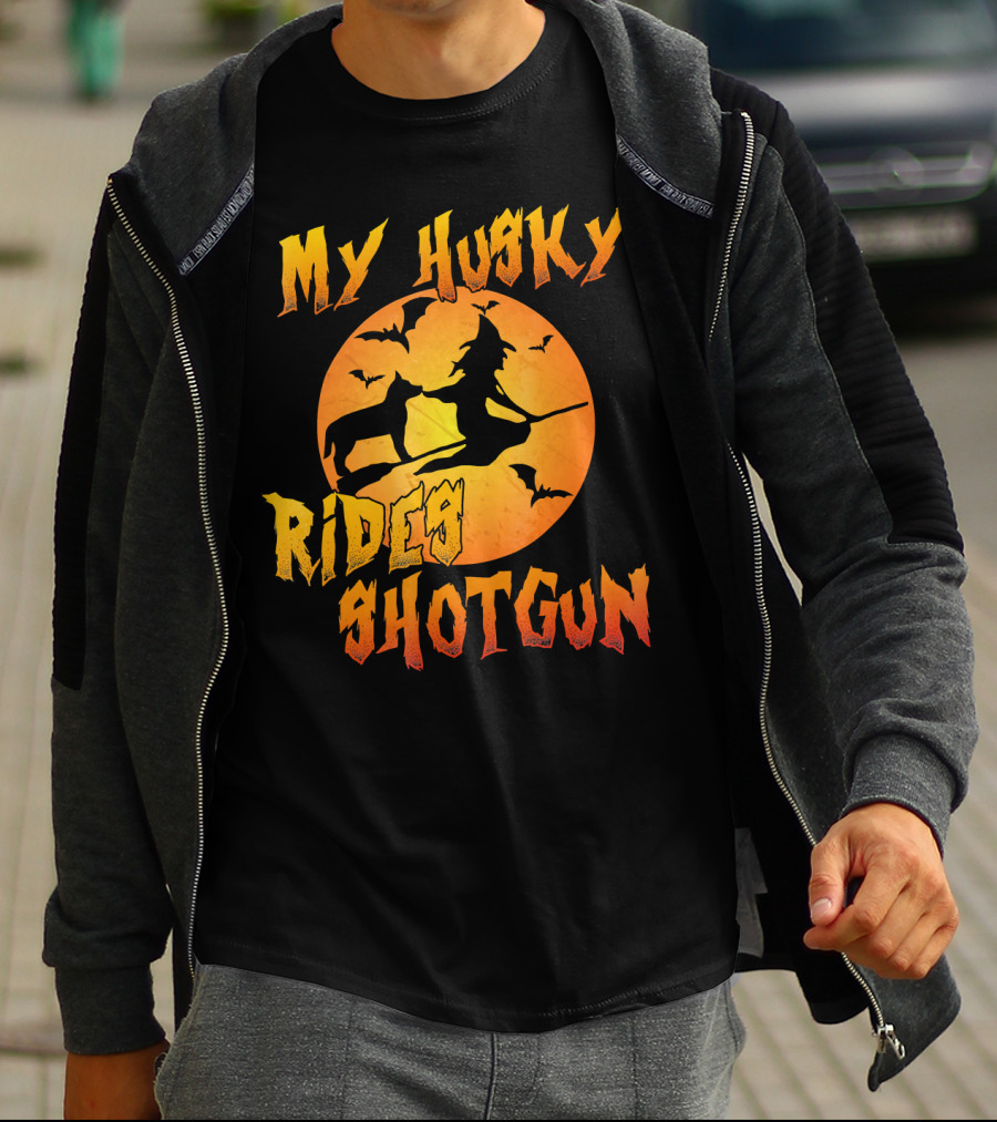 My Husky Rides Shotgun Halloween Witch Moon Bats T-Shirt