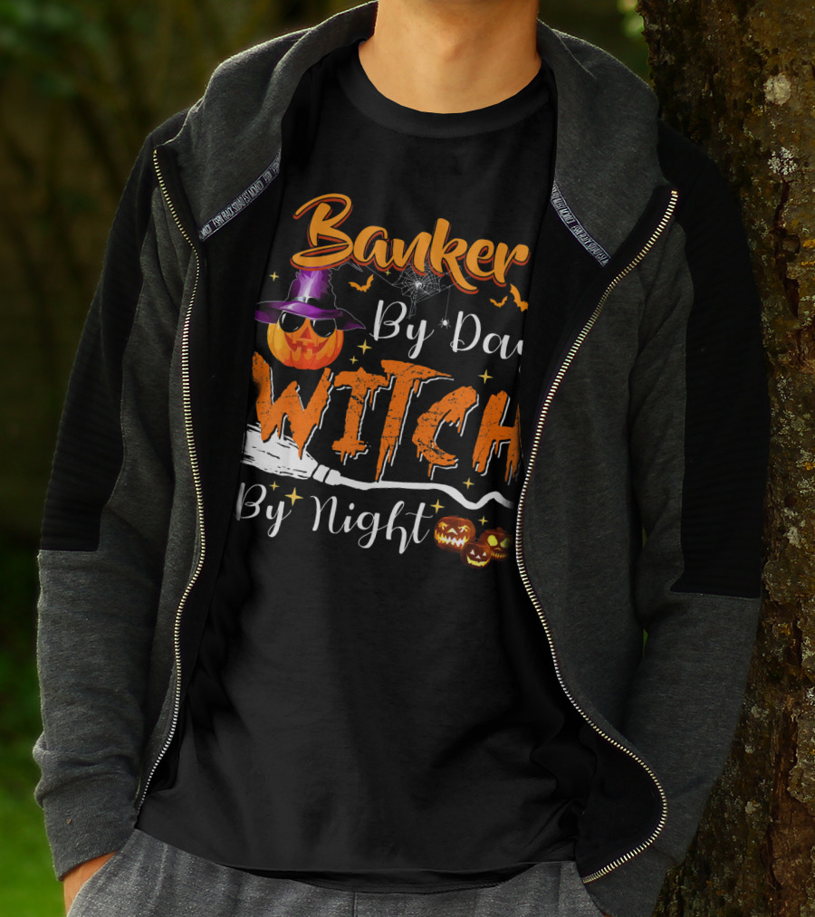 Banker By Day Witch By Night Halloween Pumpkin Broomstick Bats Spiderweb T-Shirt