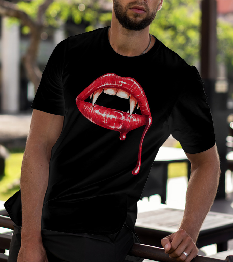 Awesome Vampire Fangs Lips With Blood Dripping Dracula T-Shirt