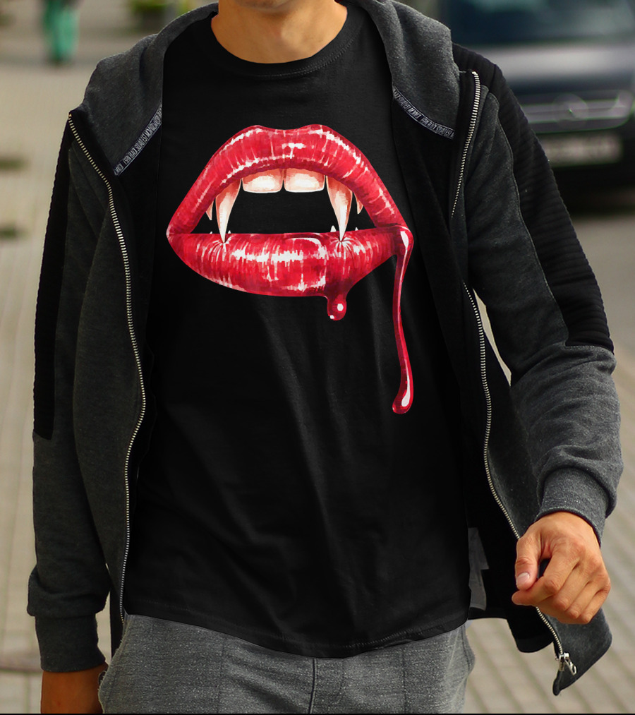 Awesome Vampire Fangs Lips With Blood Dripping Dracula T-Shirt