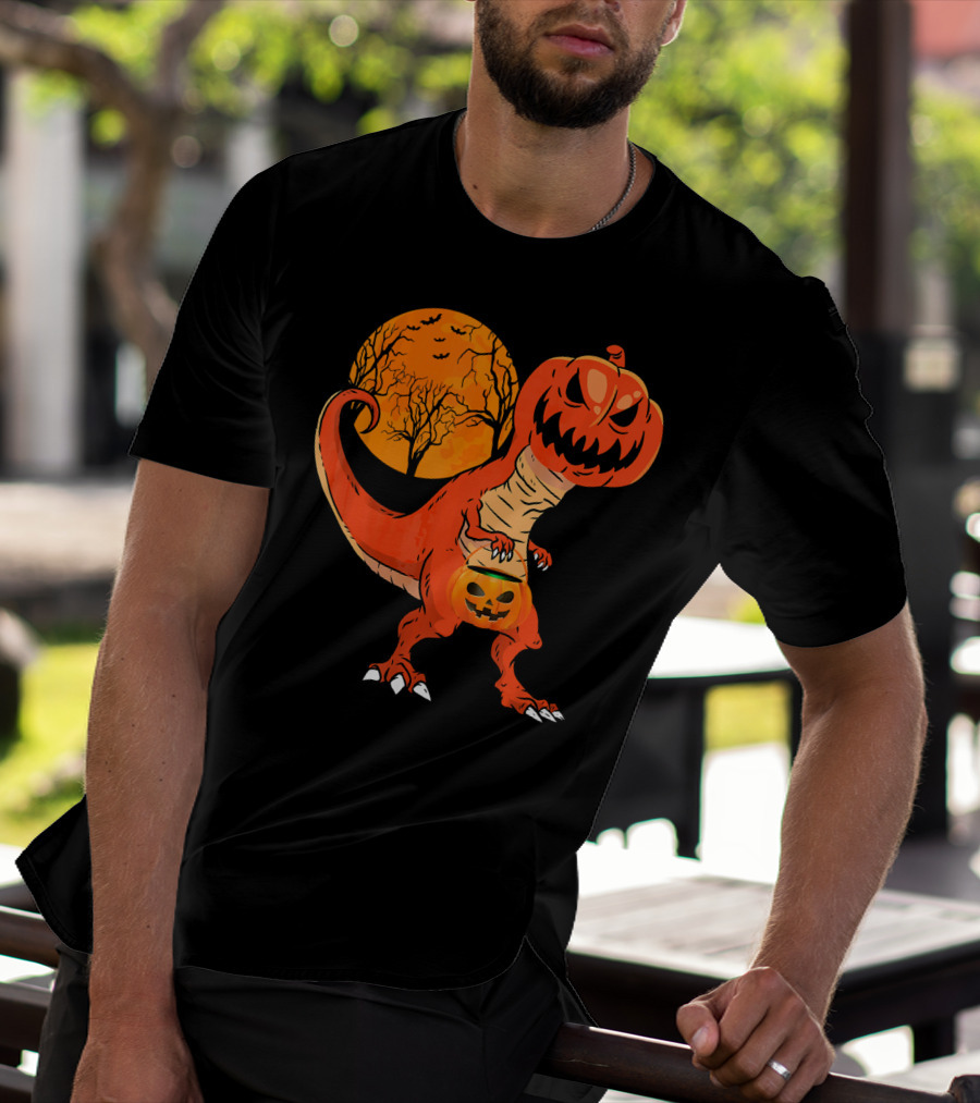 Funny Halloween Dinosaur Pumpkin Head Tree Shadow T-Shirt