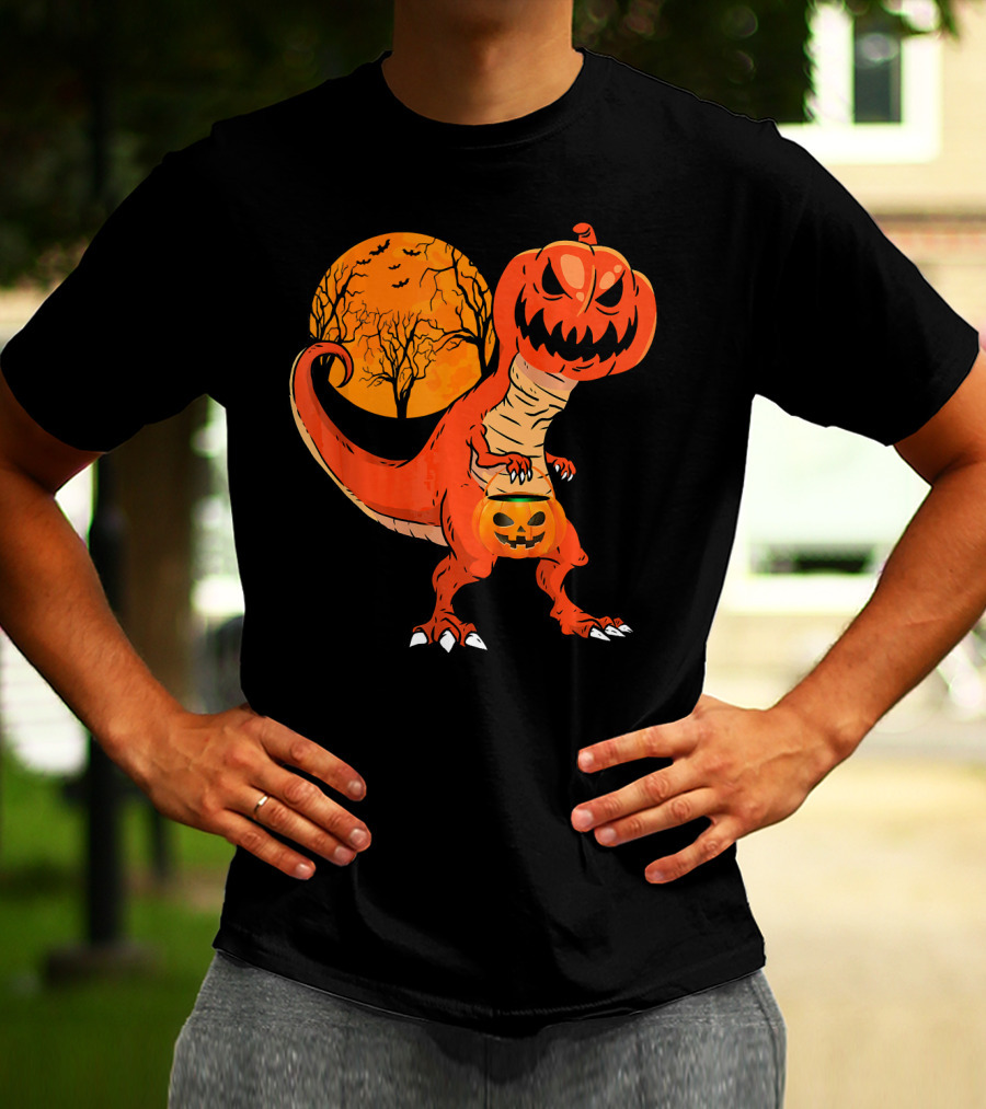 Funny Halloween Dinosaur Pumpkin Head Tree Shadow T-Shirt