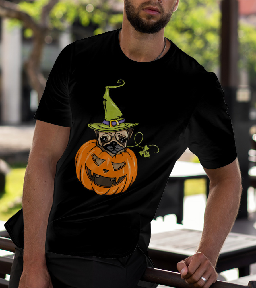 Pumpkin Pug Witch Halloween Costume Women T-Shirt