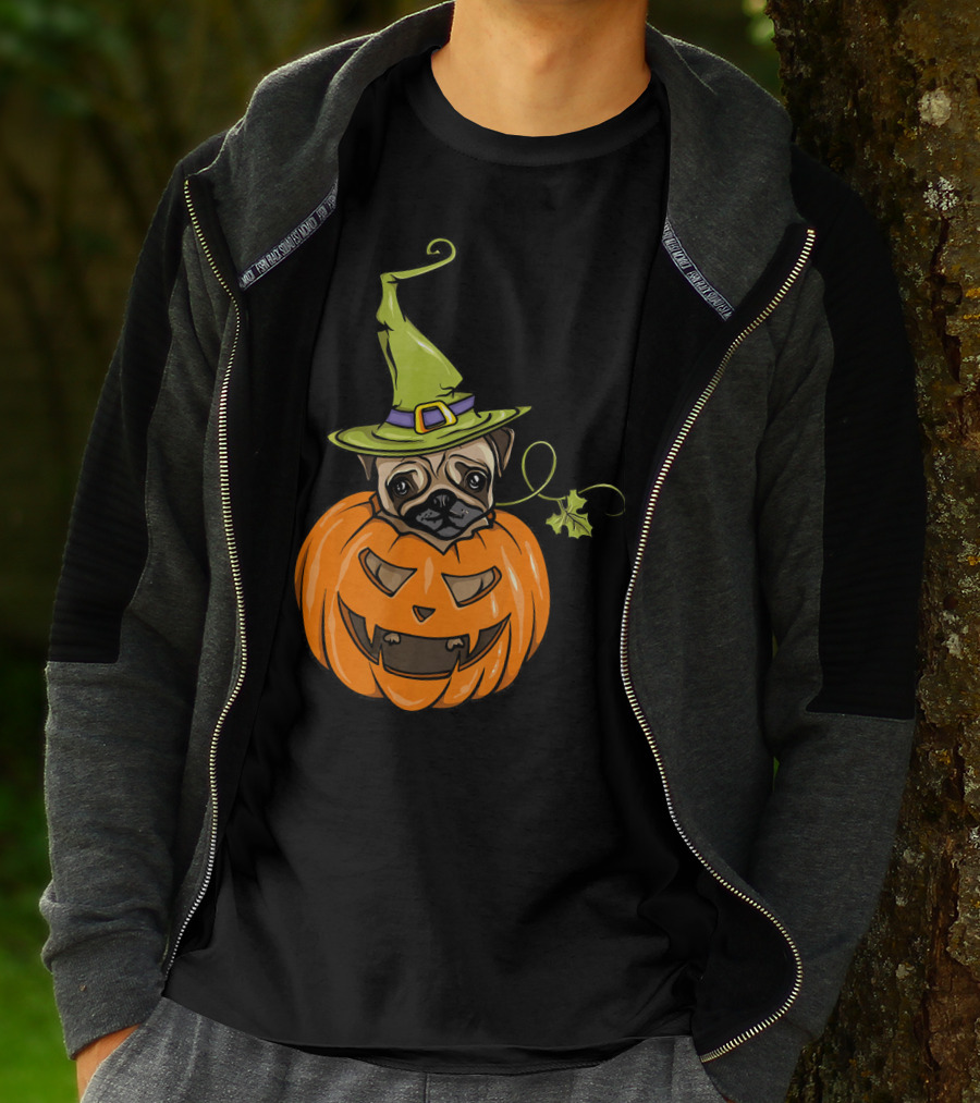 Pumpkin Pug Witch Halloween Costume Women T-Shirt