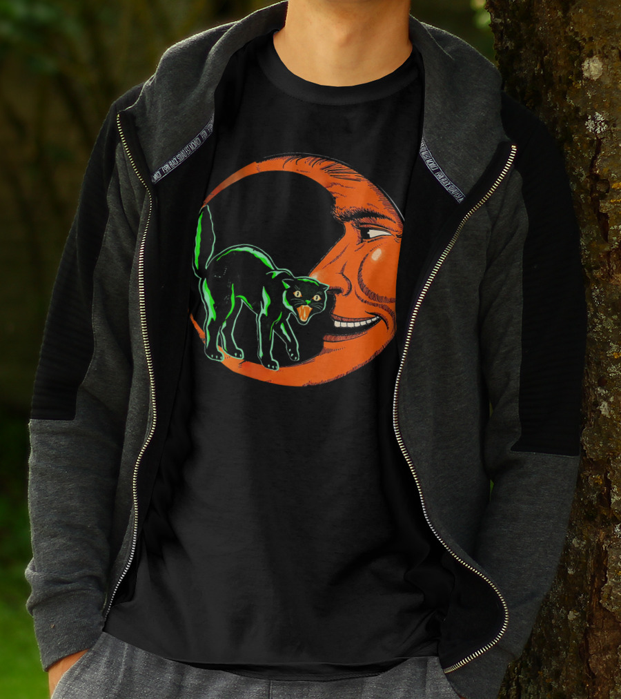 Vintage Halloween Beistle Cat On Crescent Moon T-Shirt