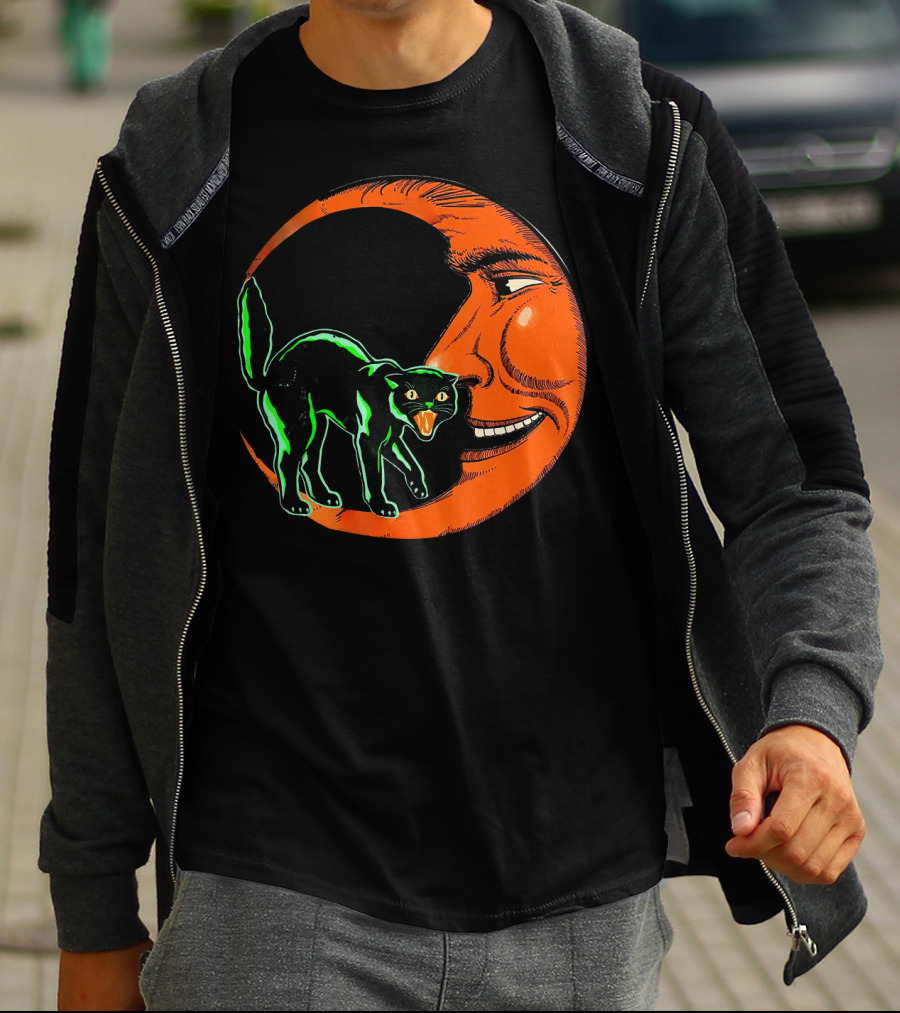 Vintage Halloween Beistle Cat On Crescent Moon T-Shirt