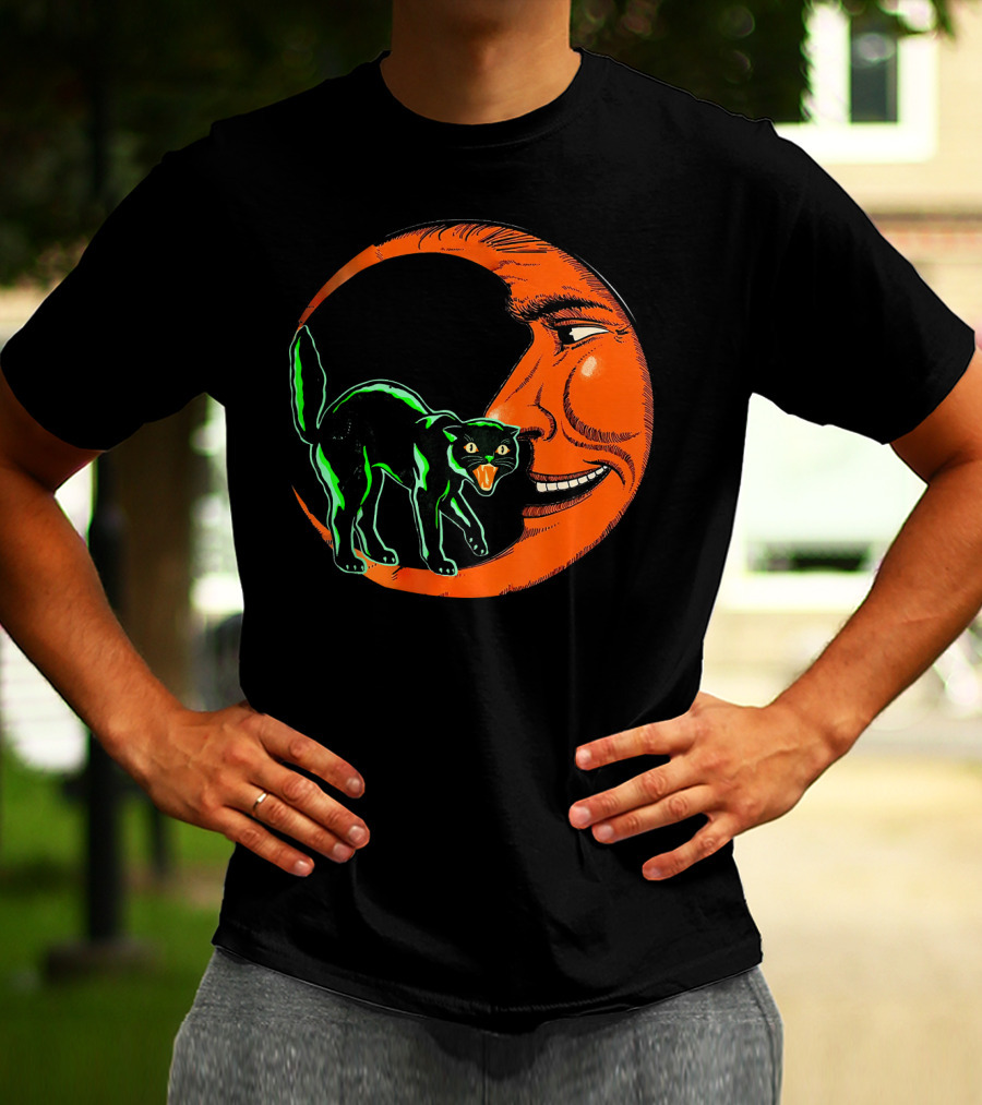 Vintage Halloween Beistle Cat On Crescent Moon T-Shirt