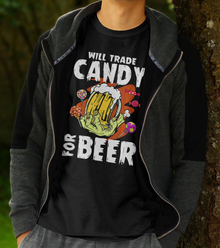 Will Trade Candy For Beer Halloween Zombie Hand Lollipops T-Shirt