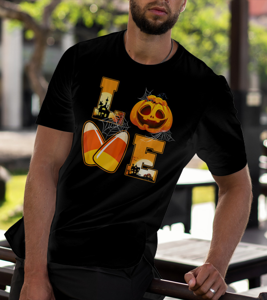 Love Candy Corn Pumpkin Halloween Spiderwebs T-Shirt
