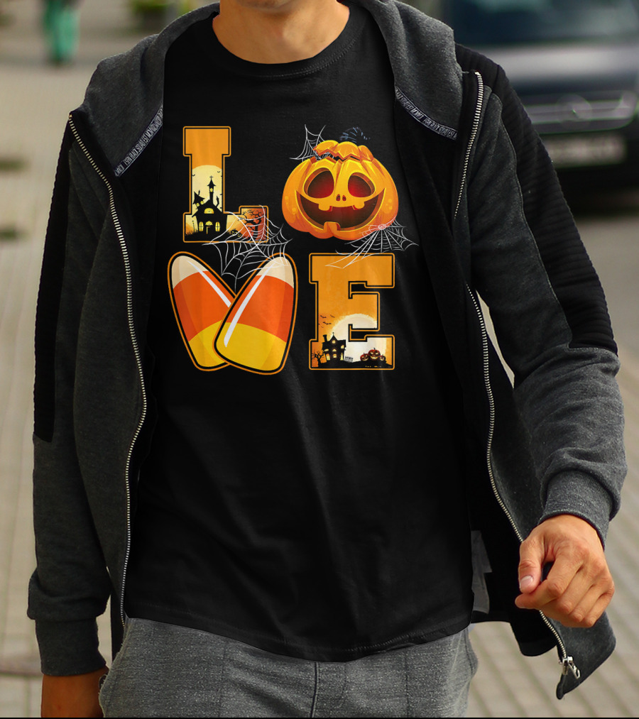 Love Candy Corn Pumpkin Halloween Spiderwebs T-Shirt