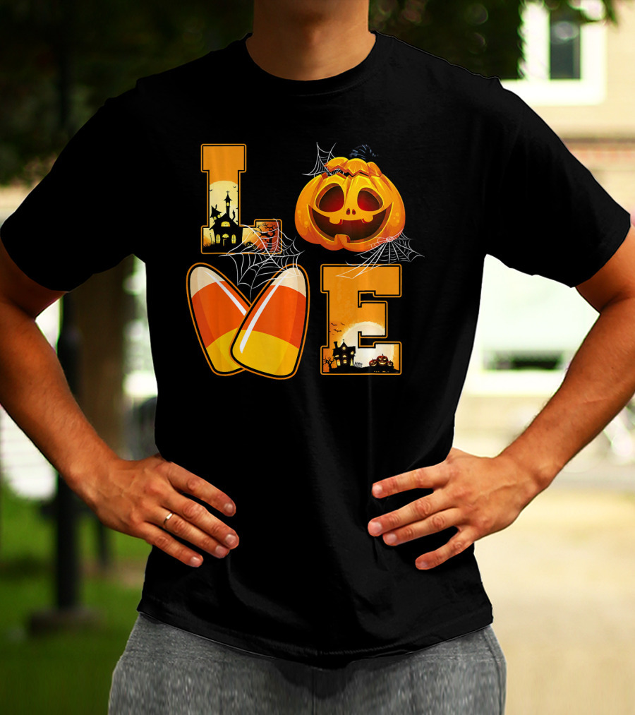 Love Candy Corn Pumpkin Halloween Spiderwebs T-Shirt