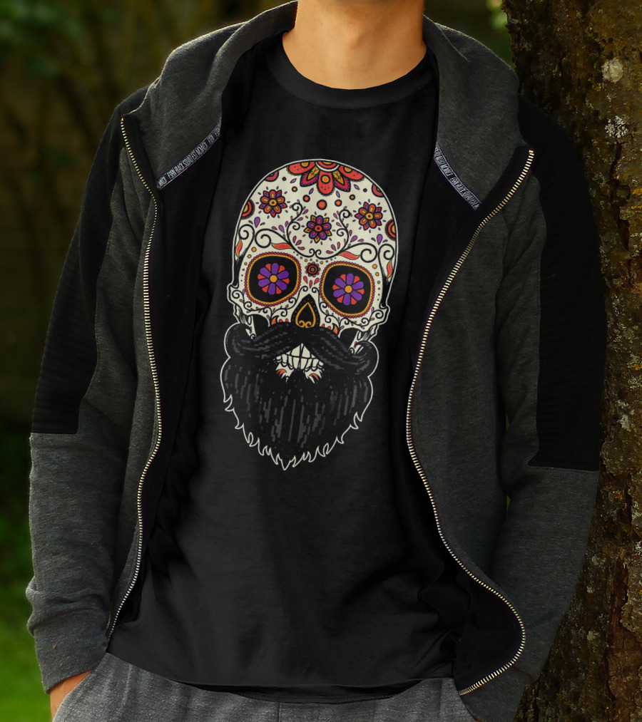 Beard Sugar Skull Floral Pattern Día De Los Muertos T-Shirt