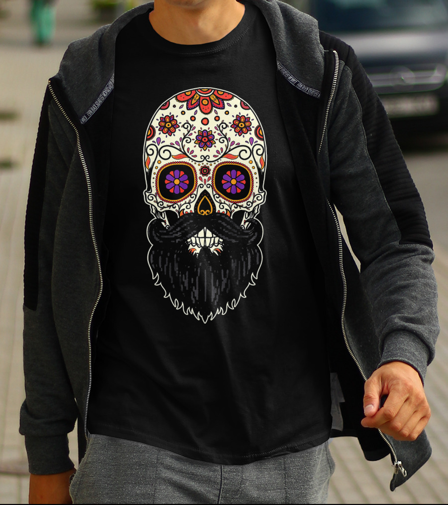 Beard Sugar Skull Floral Pattern Día De Los Muertos T-Shirt