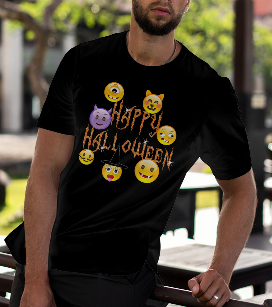 Happy Halloween Emoji Faces Devil Cat Vampire Witch Pumpkin Monster Cyclops T-Shirt