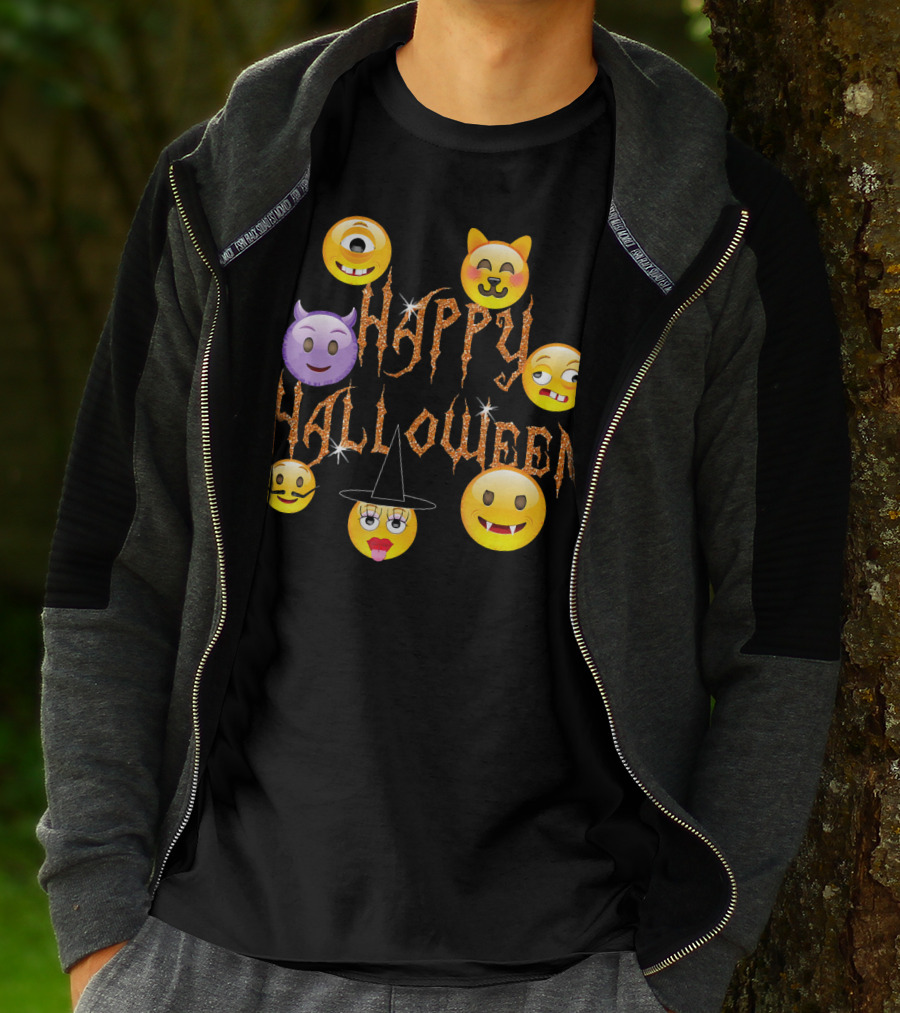 Happy Halloween Emoji Faces Devil Cat Vampire Witch Pumpkin Monster Cyclops T-Shirt