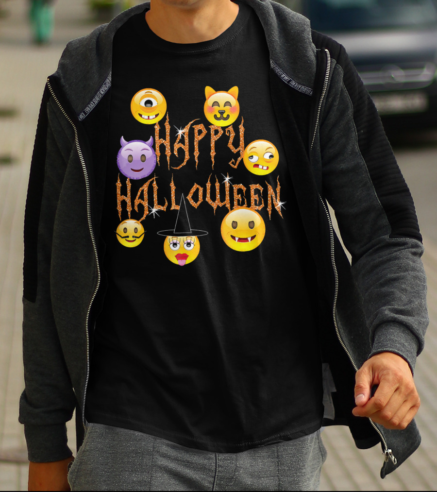 Happy Halloween Emoji Faces Devil Cat Vampire Witch Pumpkin Monster Cyclops T-Shirt