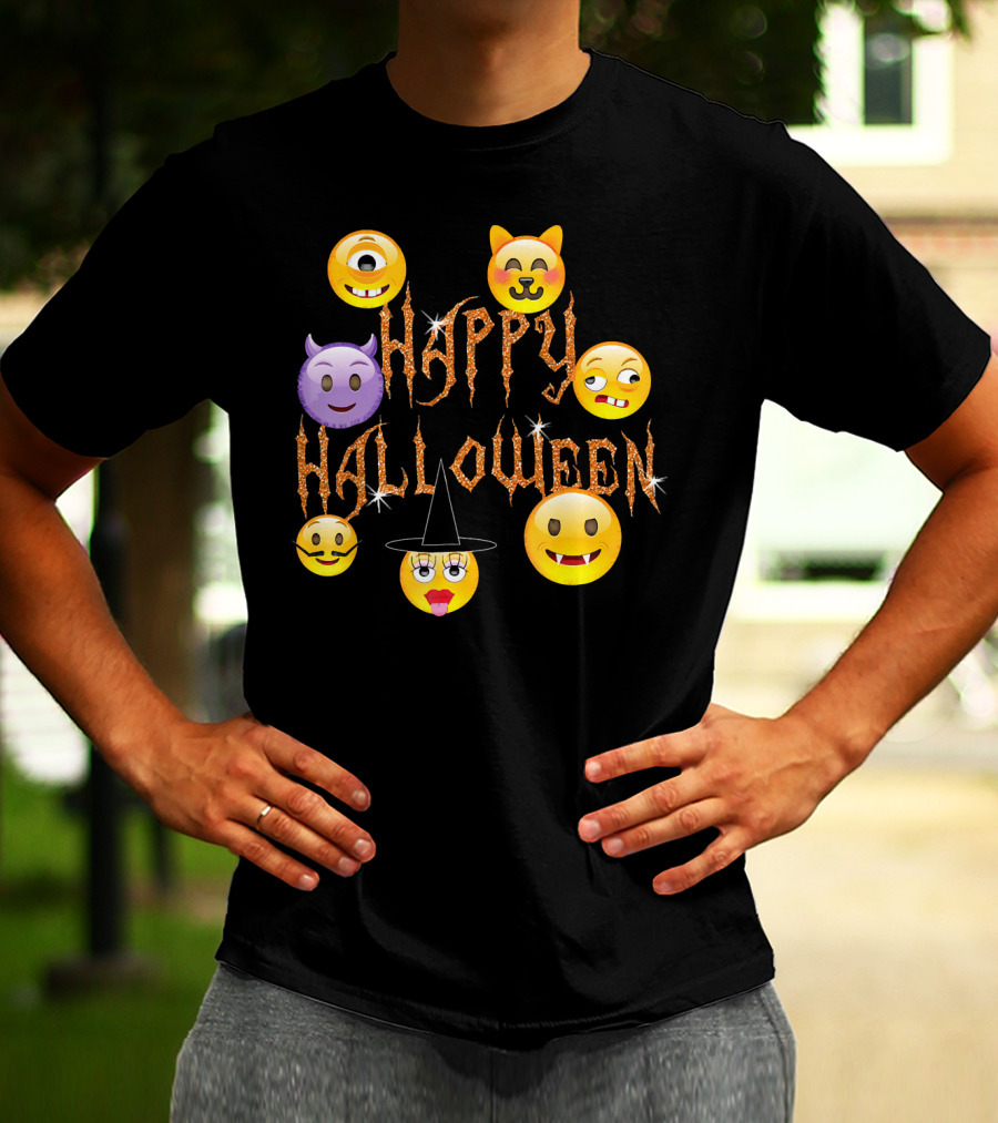Happy Halloween Emoji Faces Devil Cat Vampire Witch Pumpkin Monster Cyclops T-Shirt