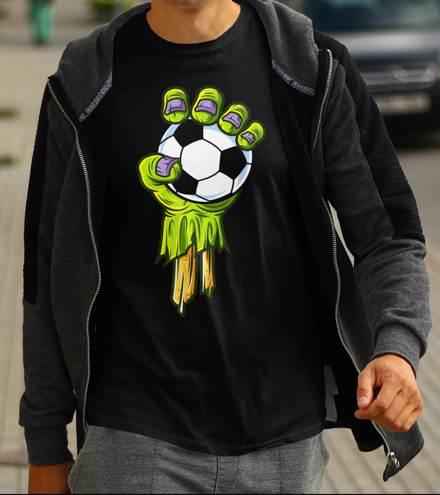 Zombie Hands Grabbing Soccer Ball Funny Horror Scary T-Shirt