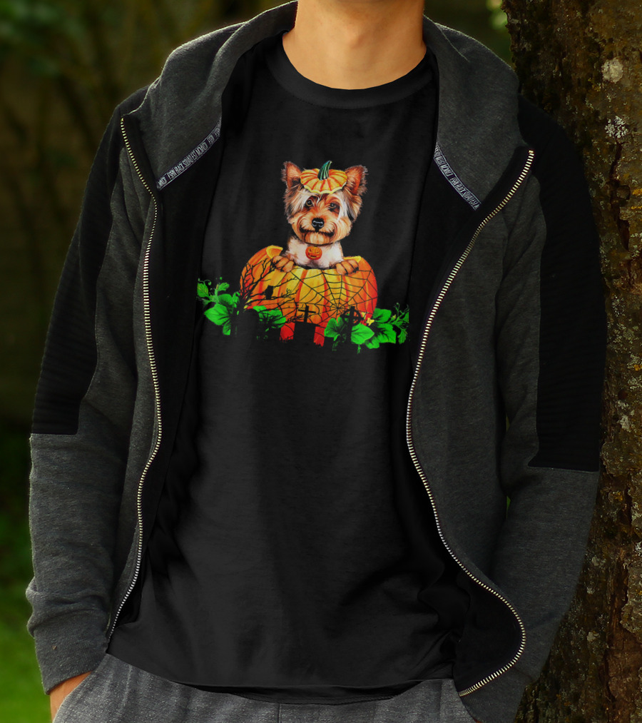 Yorkie Puppy With Pumpkin And Green Leaves Halloween T-Shirt