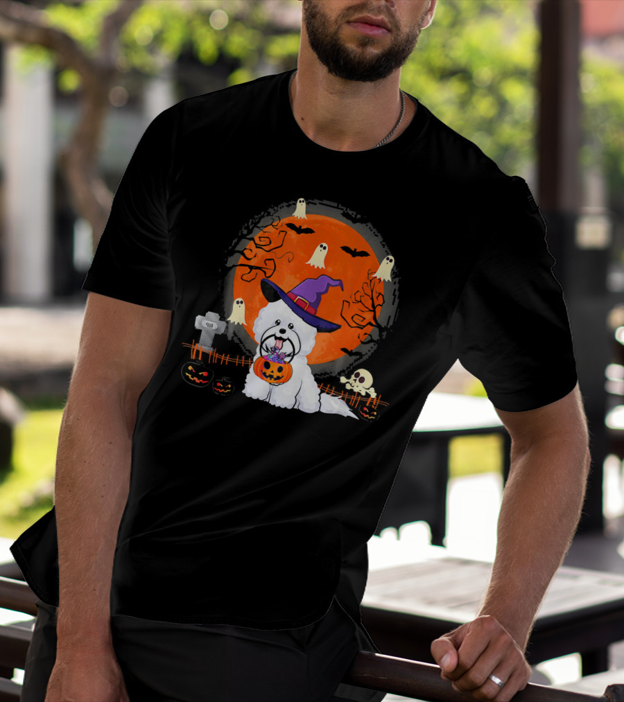 Bichon Frise Dog Witch Halloween Ghosts Jack-o'-Lantern T-Shirt
