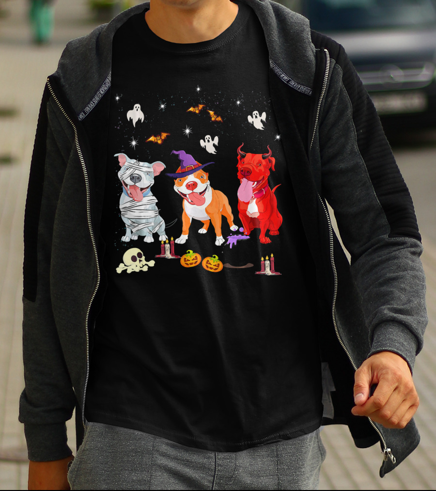 Three Pitbulls Halloween Ghosts Bats Pumpkins Candles Skulls Stars T-Shirt