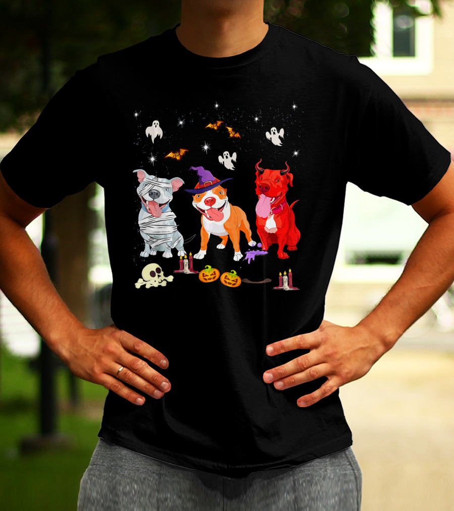 Three Pitbulls Halloween Ghosts Bats Pumpkins Candles Skulls Stars T-Shirt