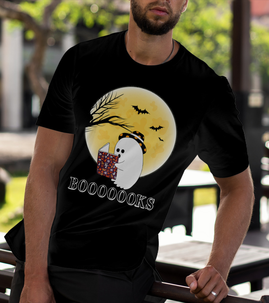 Booooooks Boo Ghost Reading Under The Full Moon Halloween T-Shirt