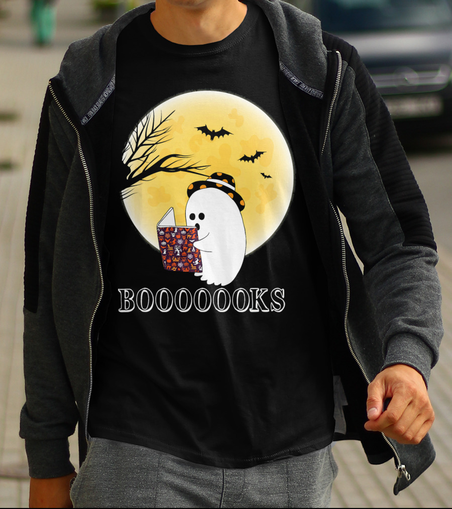 Booooooks Boo Ghost Reading Under The Full Moon Halloween T-Shirt