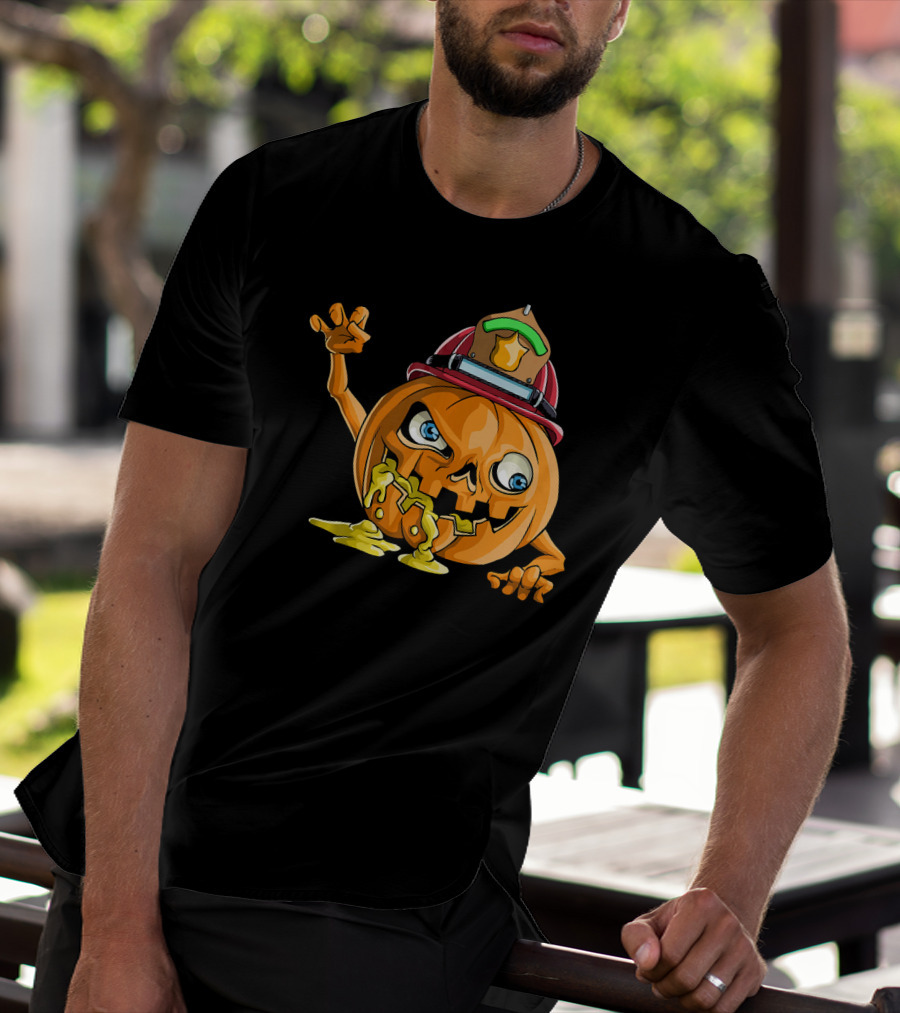 Zombie Pumpkin Firefighter Halloween Jack-O'-Lantern With Fireman's Helmet T-Shirt