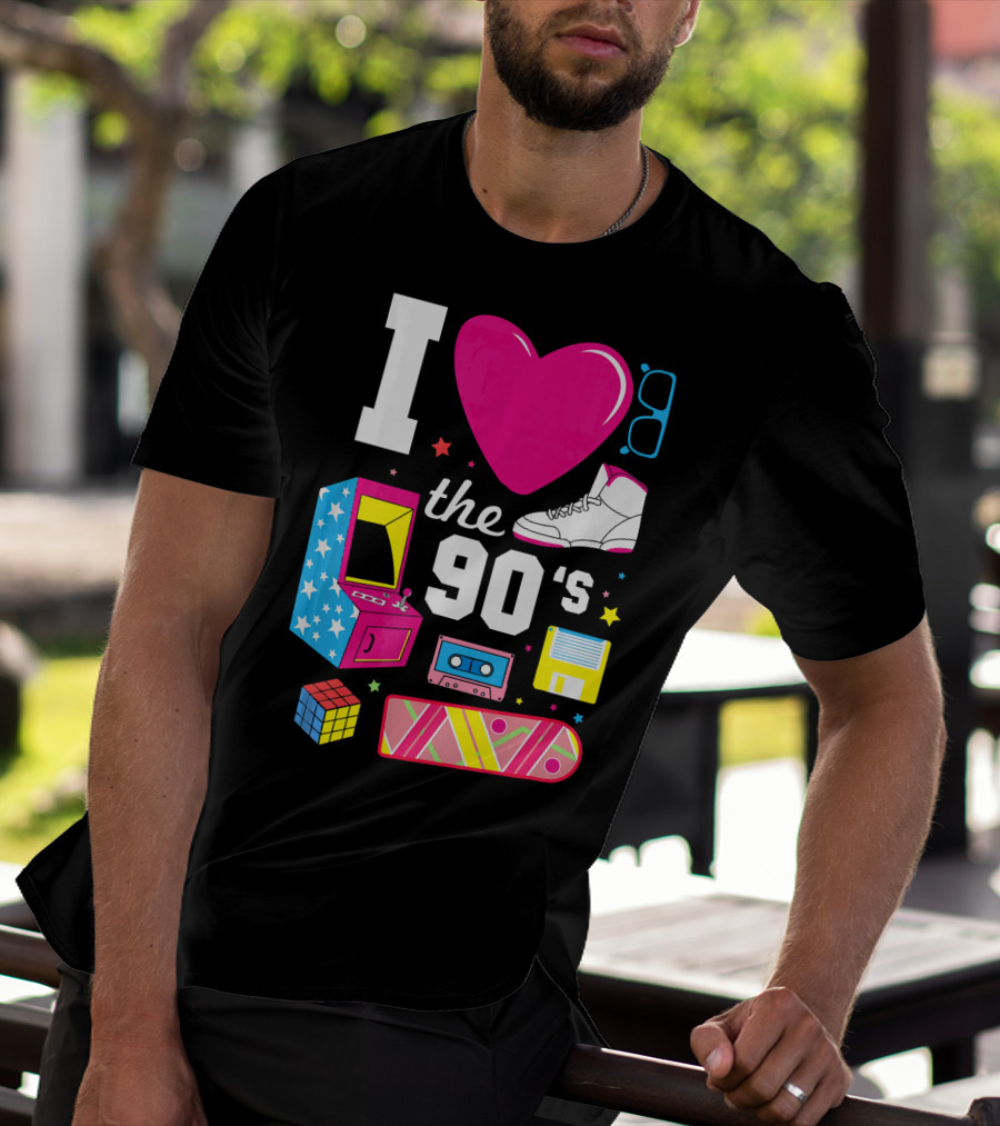 I Love The 90s Retro Arcade Cassette Sneaker Skateboard Rubik's Cube Floppy Disk T-Shirt