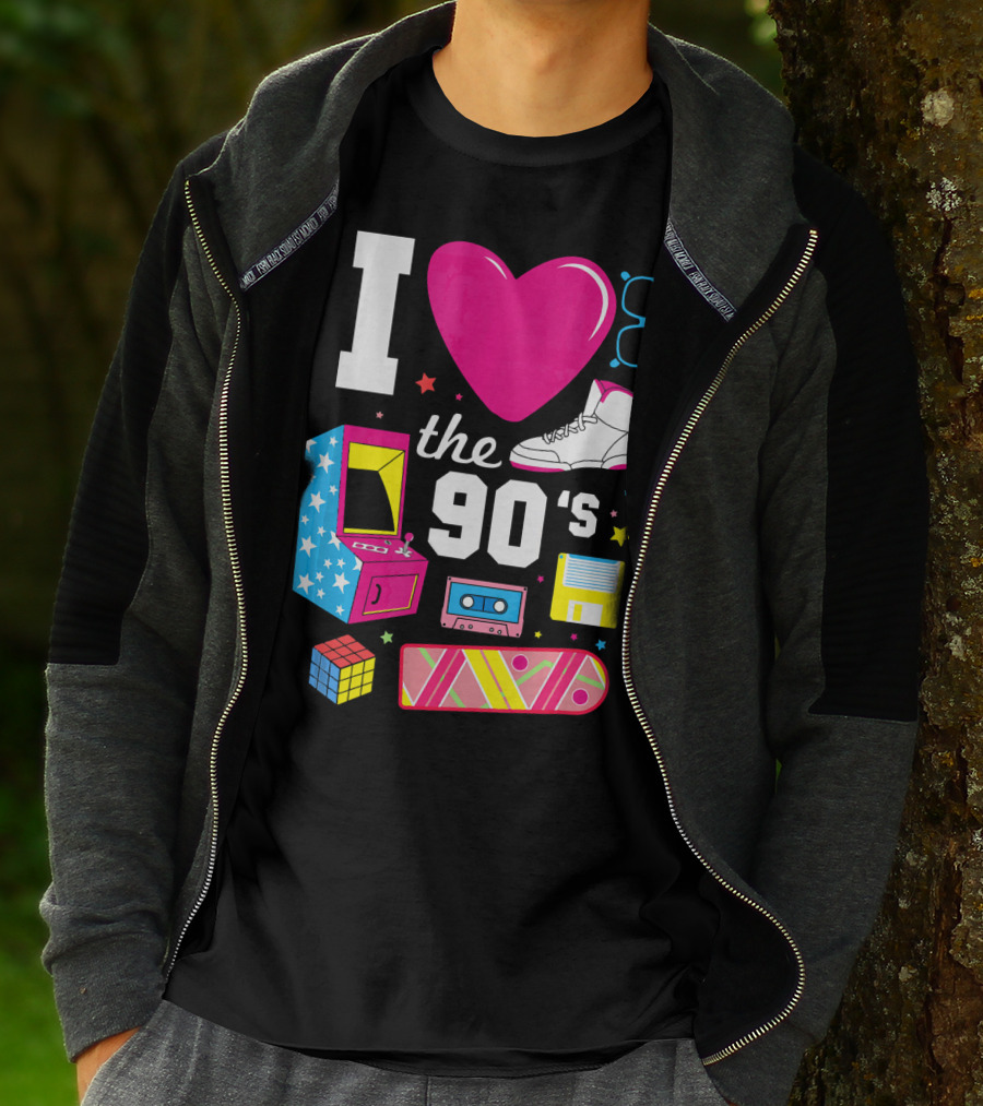 I Love The 90s Retro Arcade Cassette Sneaker Skateboard Rubik's Cube Floppy Disk T-Shirt