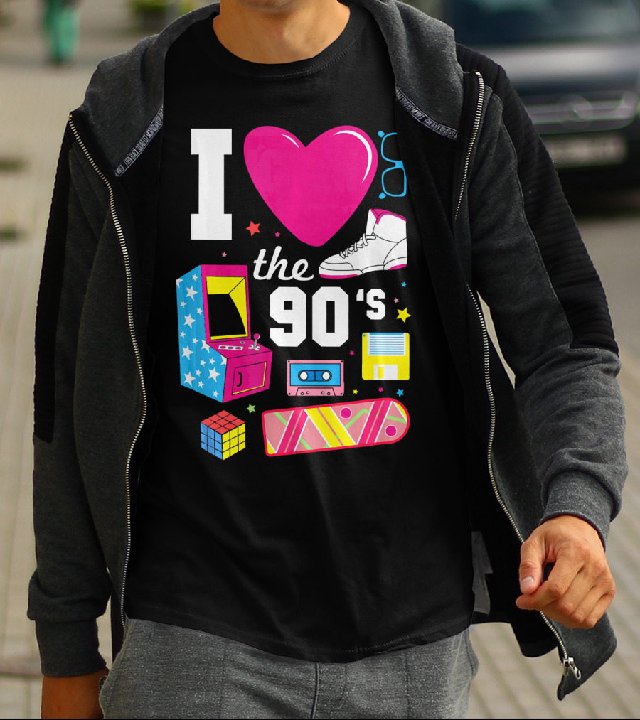 I Love The 90s Retro Arcade Cassette Sneaker Skateboard Rubik's Cube Floppy Disk T-Shirt
