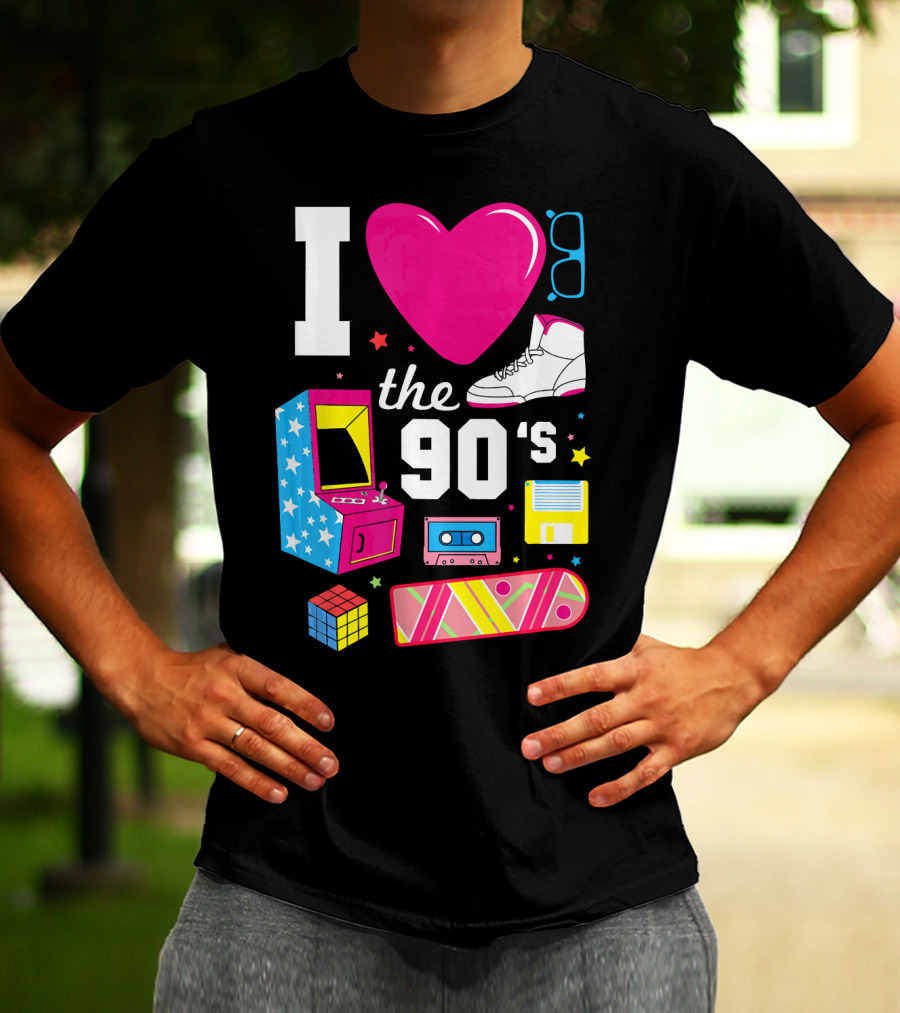 I Love The 90s Retro Arcade Cassette Sneaker Skateboard Rubik's Cube Floppy Disk T-Shirt