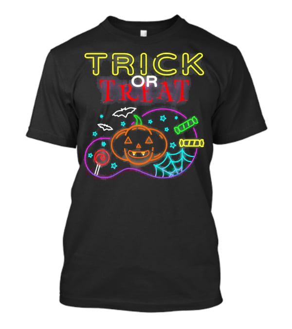 TRICK OR TREAT Scary Halloween Pumpkin Candy Bats Web Neon T-Shirt