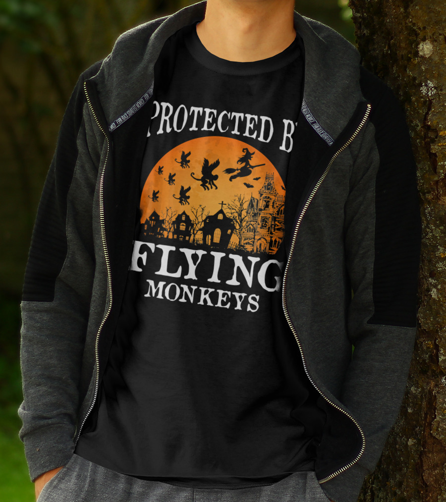 Protected By Flying Monkeys Halloween Witch Silhouette Orange Moon Mansion Scene T-Shirt