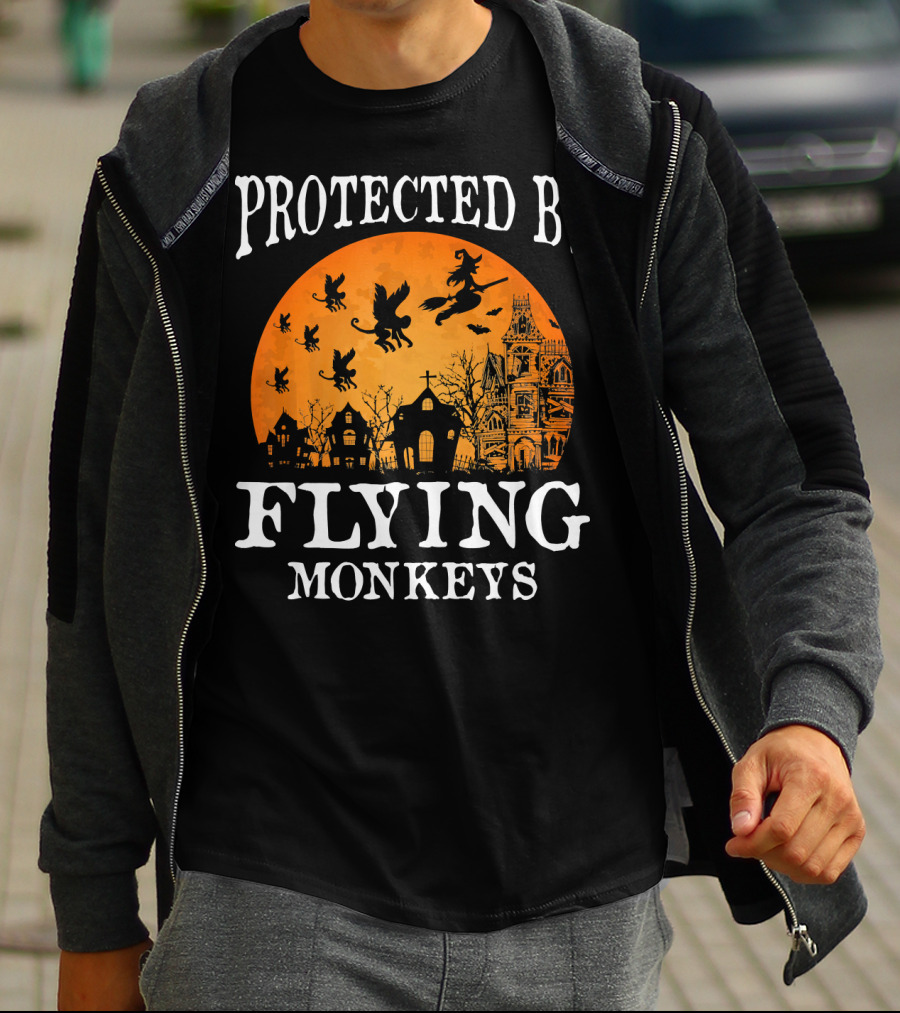 Protected By Flying Monkeys Halloween Witch Silhouette Orange Moon Mansion Scene T-Shirt