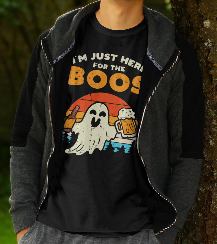 I'm Just Here For The Boos Retro Ghost With Drink And Bee T-Shirt