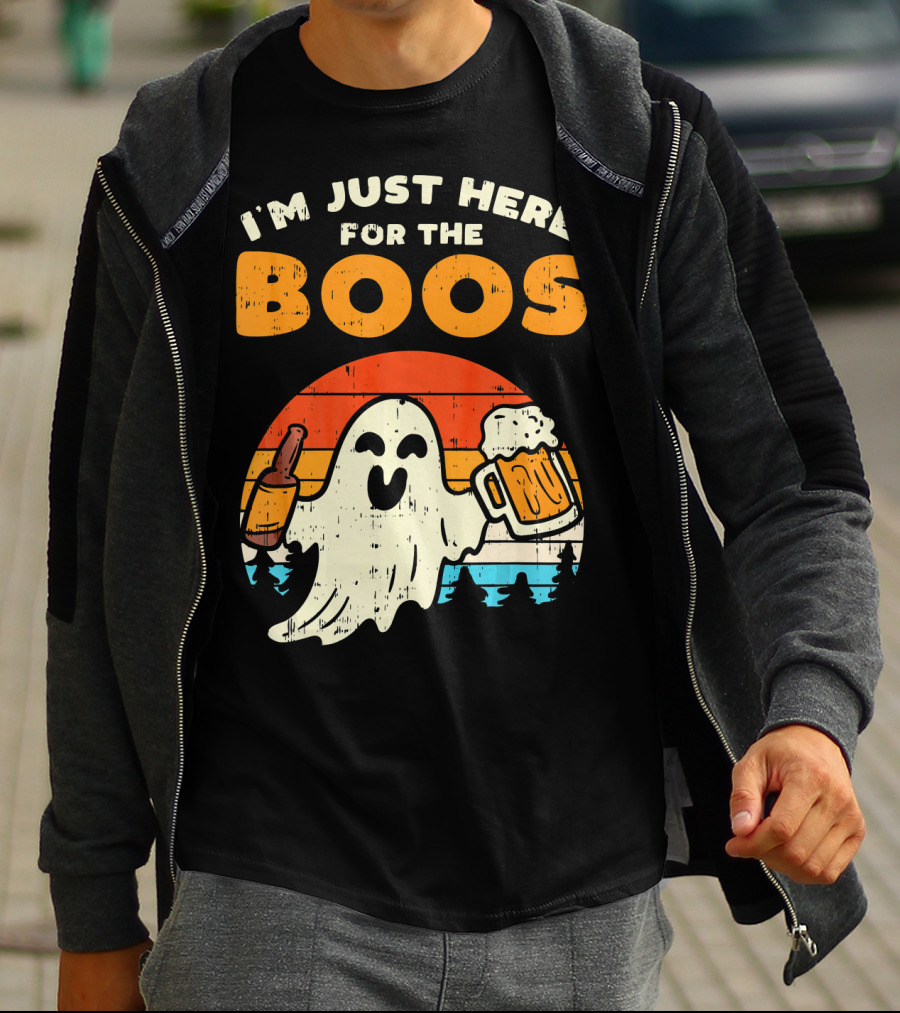I'm Just Here For The Boos Retro Ghost With Drink And Bee T-Shirt