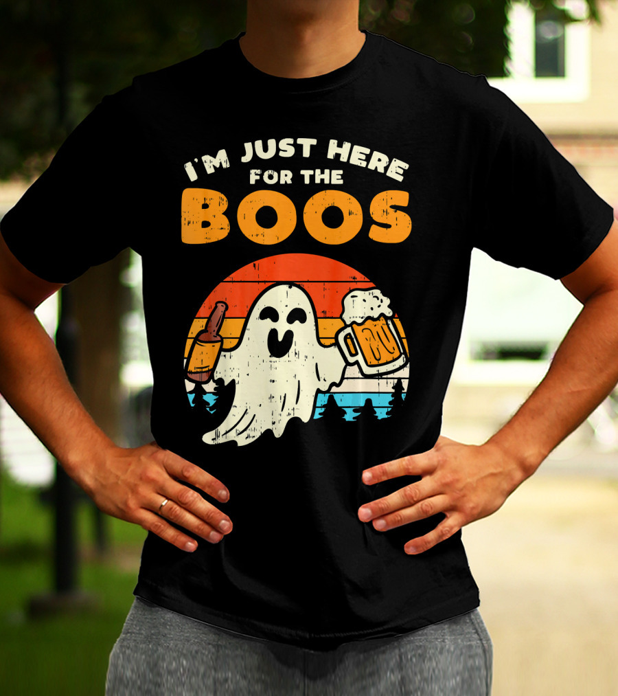 I'm Just Here For The Boos Retro Ghost With Drink And Bee T-Shirt