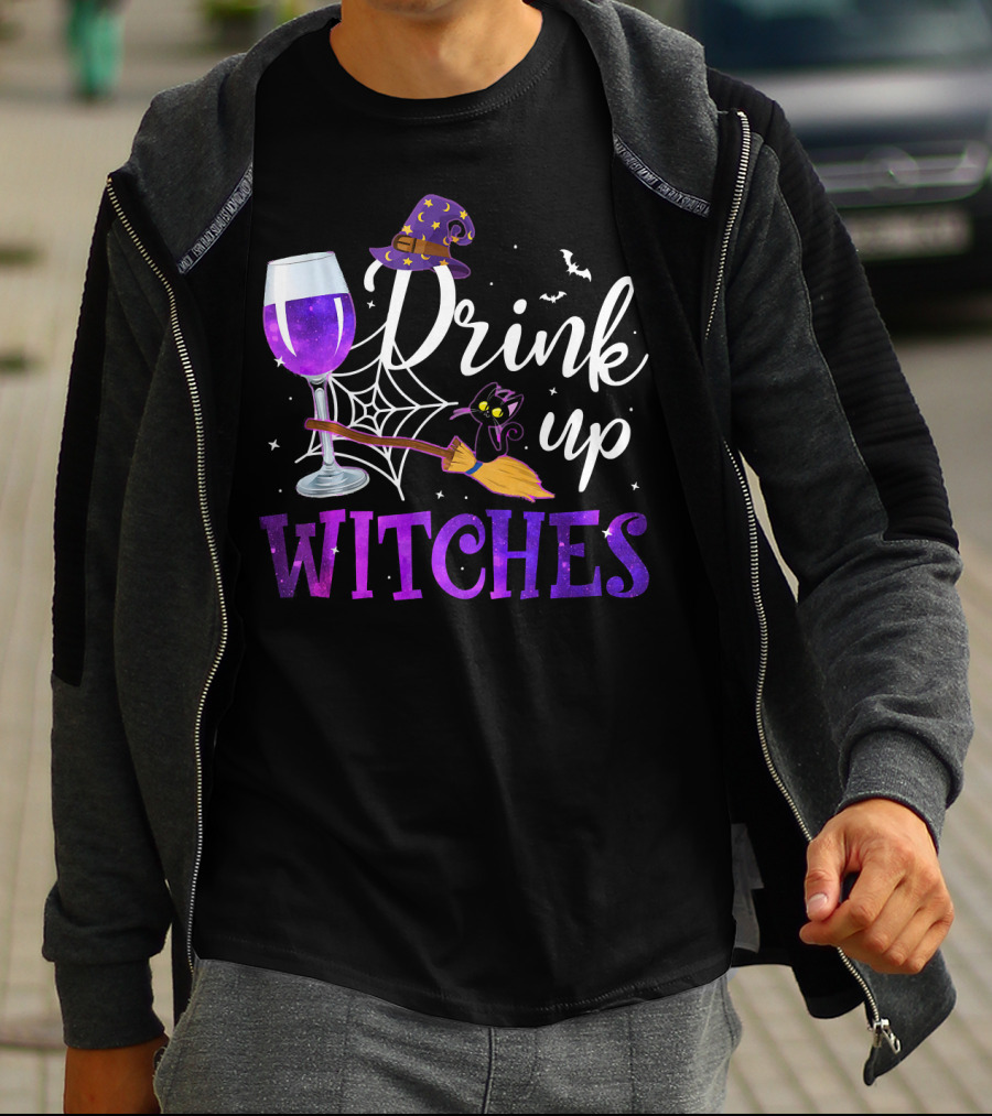 Drink Up Witches Wine Glass Purple Cat Broomstick Halloween Magic T-Shirt