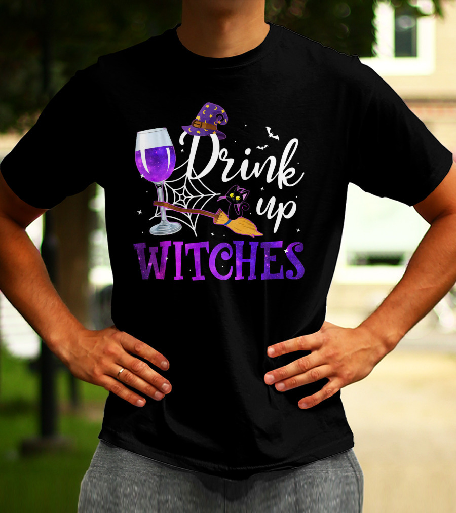Drink Up Witches Wine Glass Purple Cat Broomstick Halloween Magic T-Shirt