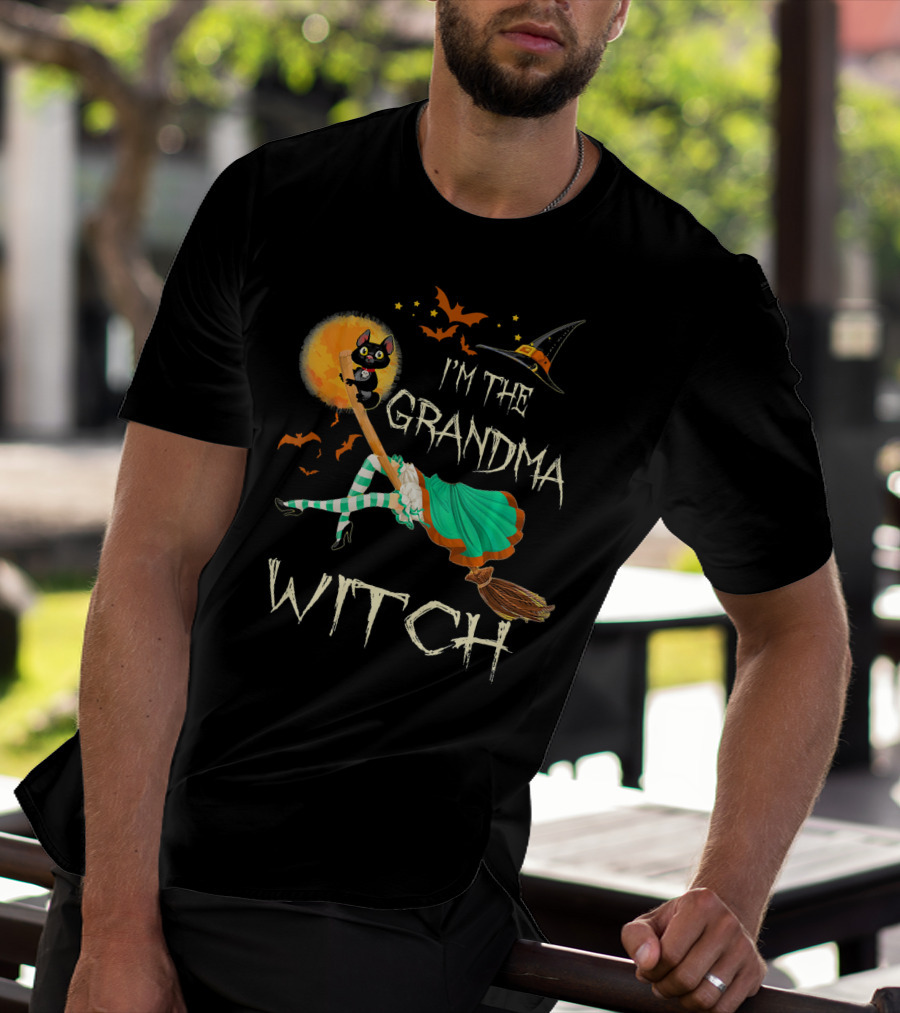 I'm The Grandma Witch Broomstick Flying Black Cat Halloween Bats T-Shirt