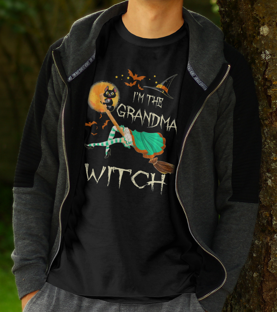 I'm The Grandma Witch Broomstick Flying Black Cat Halloween Bats T-Shirt