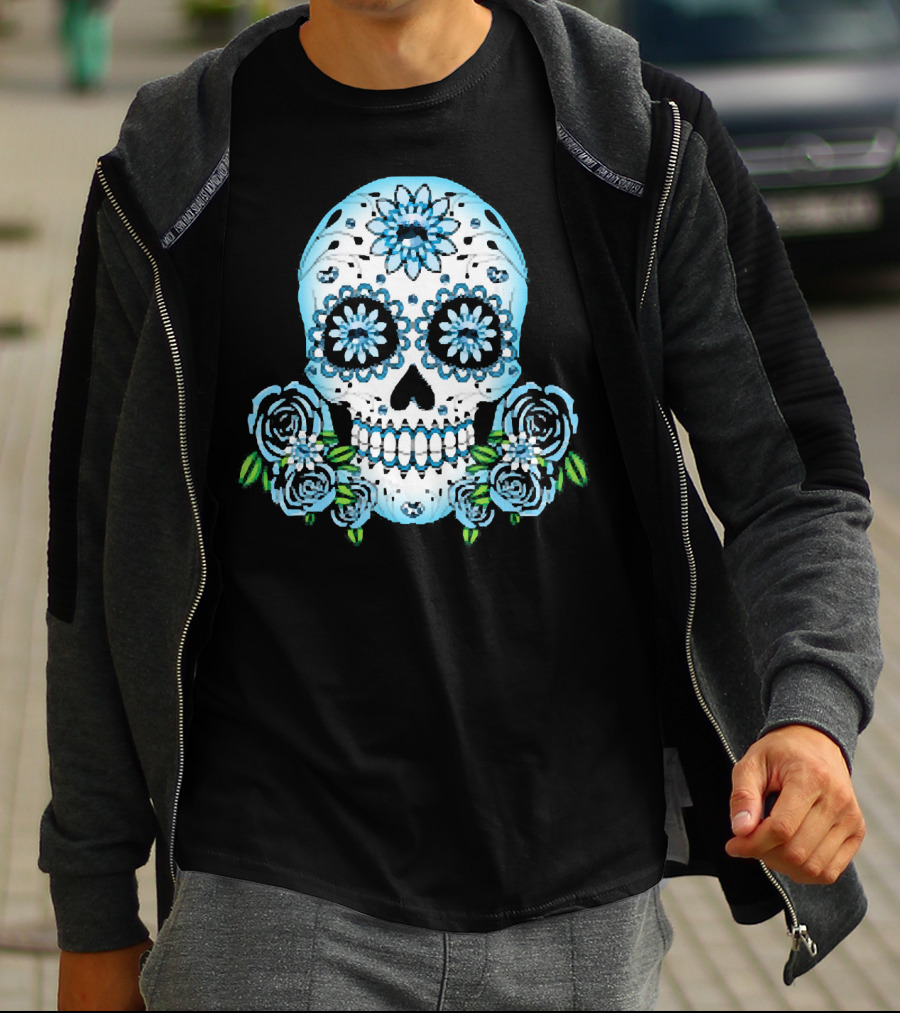 Blue Flowers Sugar Skull Día De Los Muertos Roses T-Shirt