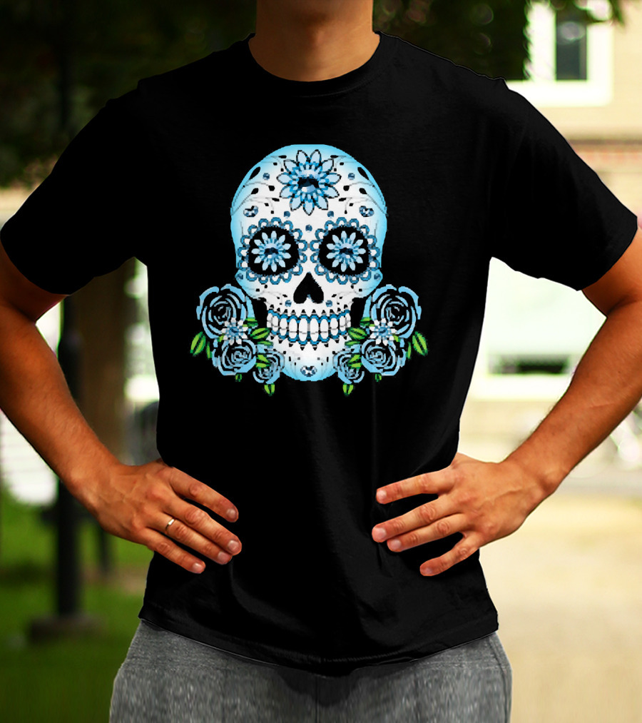 Blue Flowers Sugar Skull Día De Los Muertos Roses T-Shirt