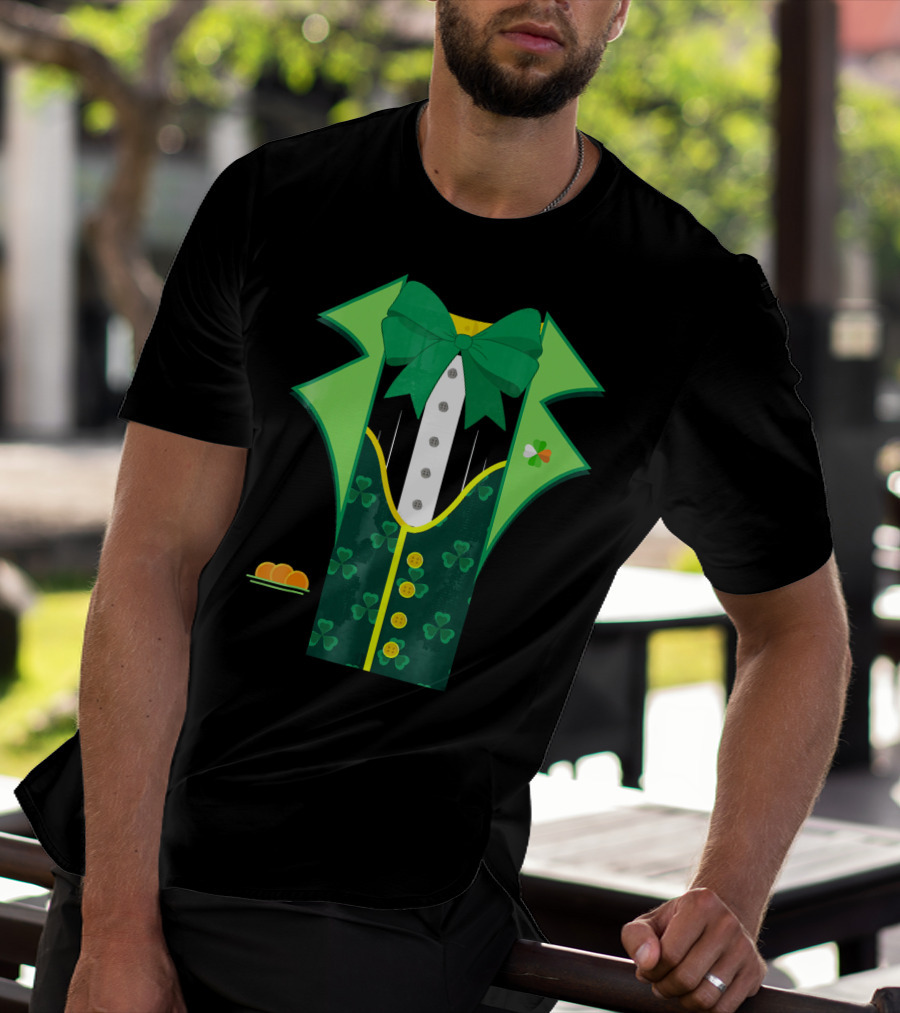 Leprechaun Costume One Sided Green Suit With Bow Tie And Shamrock Symbols T-Shirt