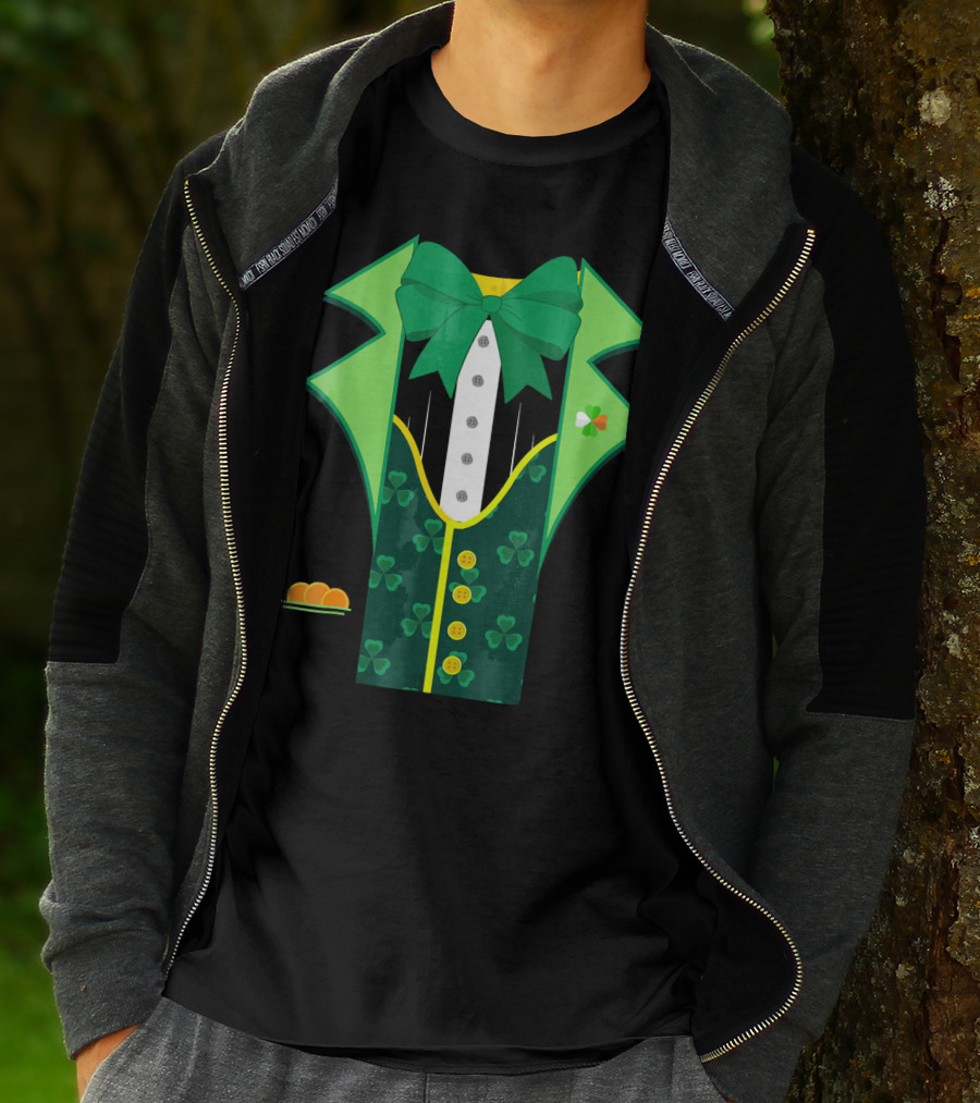 Leprechaun Costume One Sided Green Suit With Bow Tie And Shamrock Symbols T-Shirt
